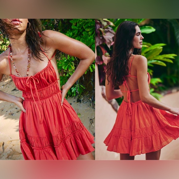FREE PEOPLE "Taking Sides" Backless Mini Dress in Red Mango, Size Small, NWT - Picture 2 of 14